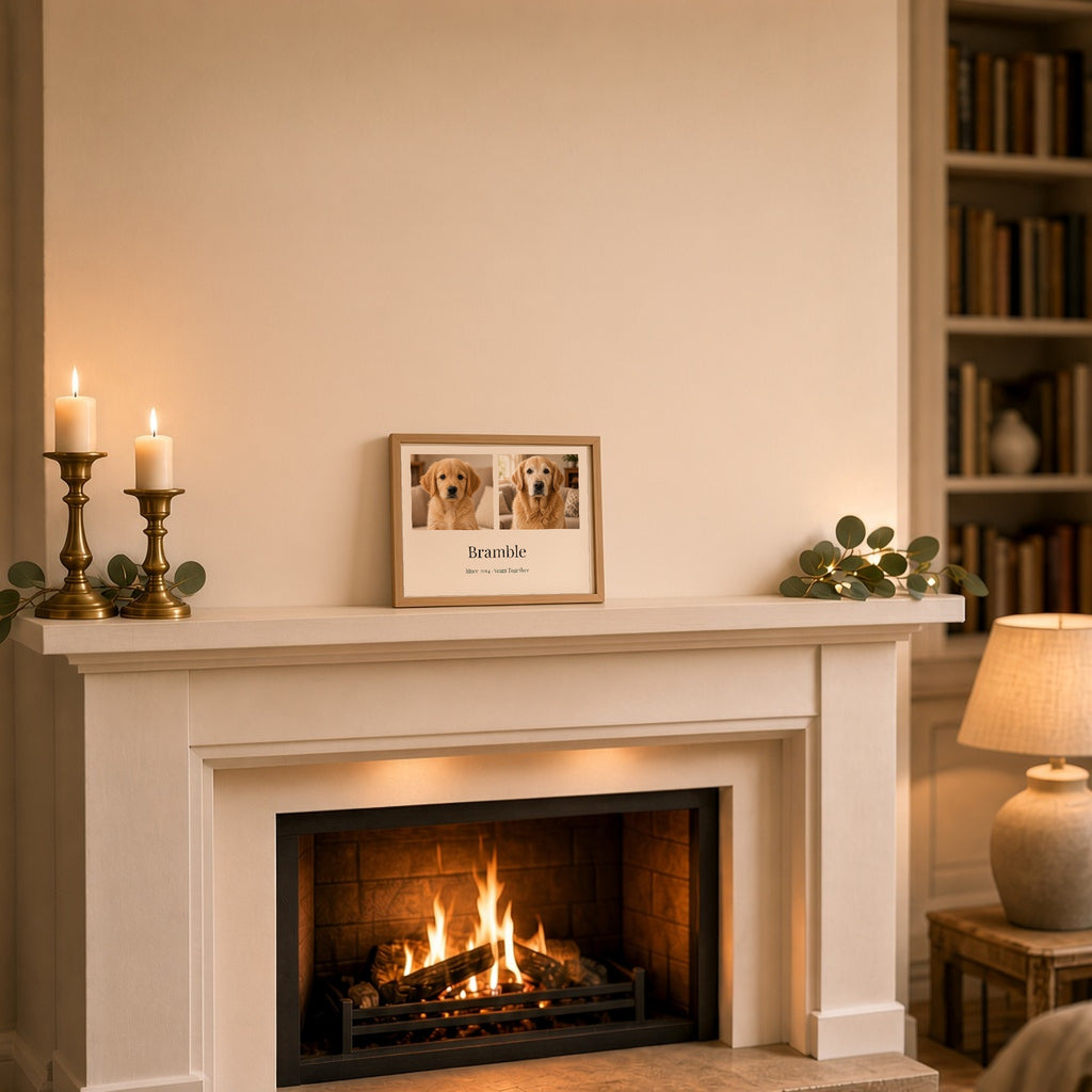 Oak-framed landscape Years Together print centred on a cosy mantelpiece with candles and eucalyptus, showing a golden retriever as a puppy and today side by side with the name Bramble and Since 2014 · Years Together – Example design – your photos are used
