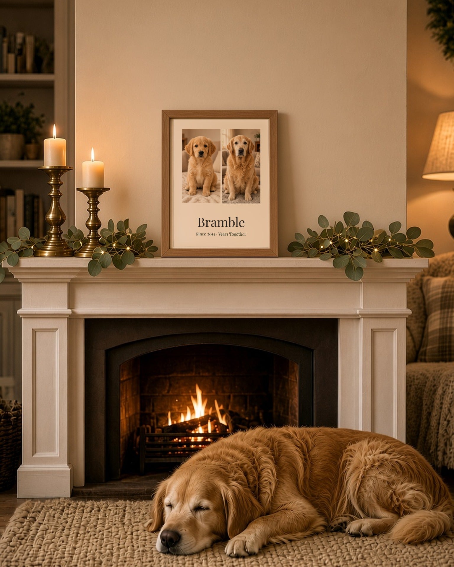 Oak-framed portrait Years Together print centred on a cosy Christmas mantelpiece, showing a golden retriever as a puppy and today with the name Bramble and Since 2014 · Years Together, old dog asleep on the rug below – Example design – your photos are used
