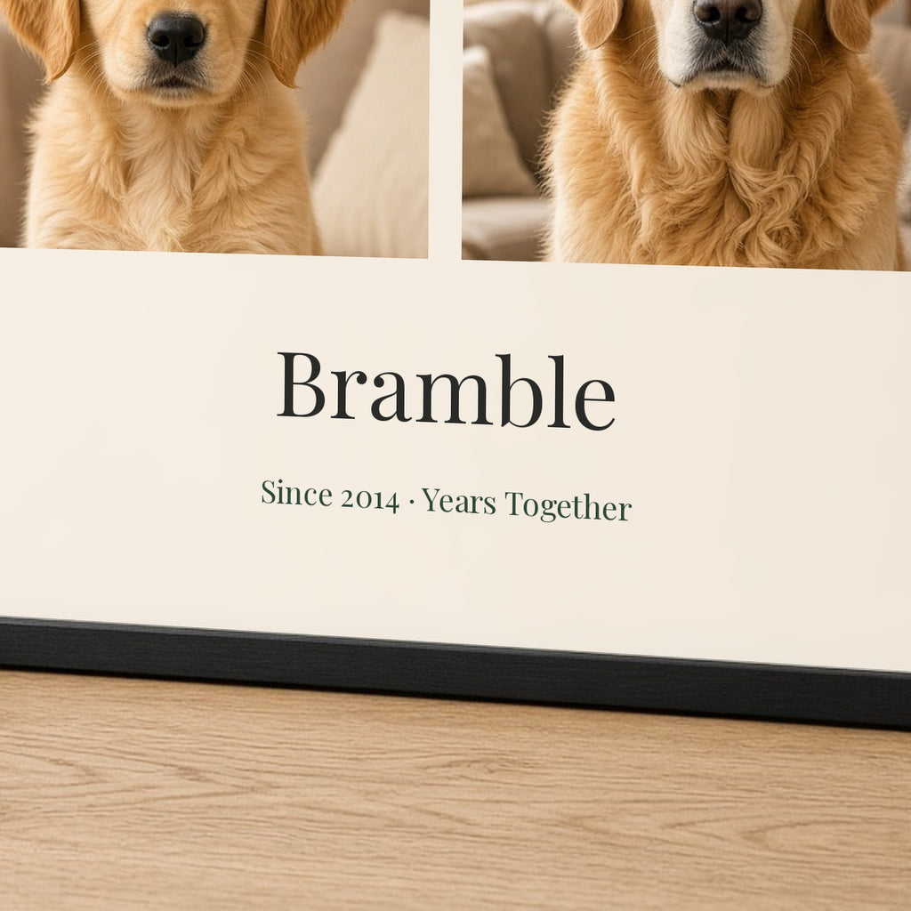 Close-up of a black-framed landscape print showing the name Bramble and Since 2014 · Years Together in elegant serif type beneath the two dog photos – Example design – your photos are used