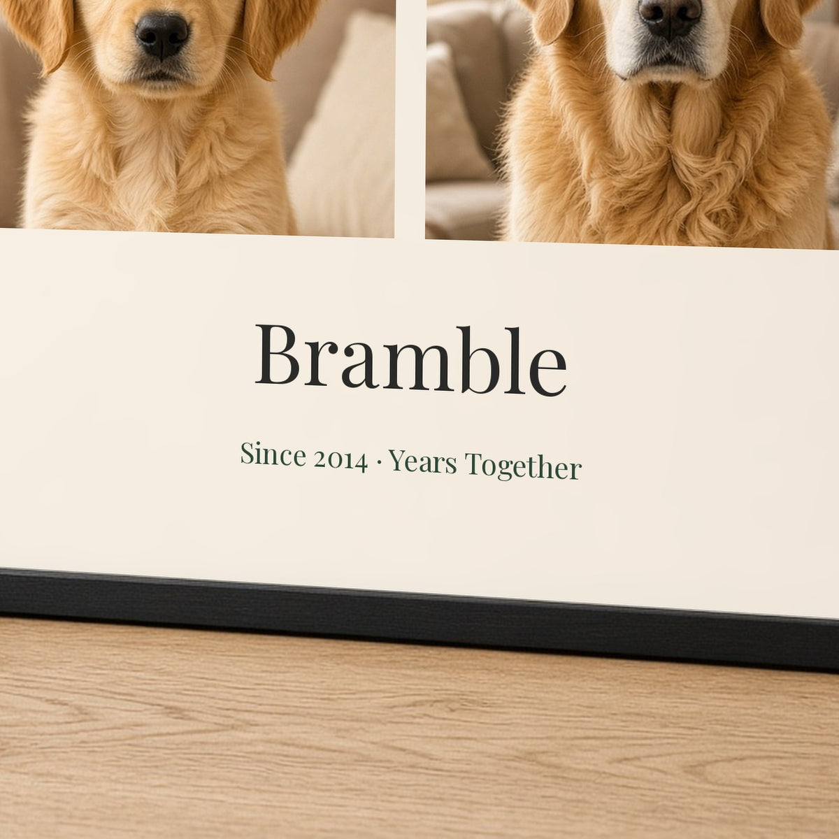 Close-up of a black-framed landscape print showing the name Bramble and Since 2014 · Years Together in elegant serif type beneath the two dog photos – Example design – your photos are used