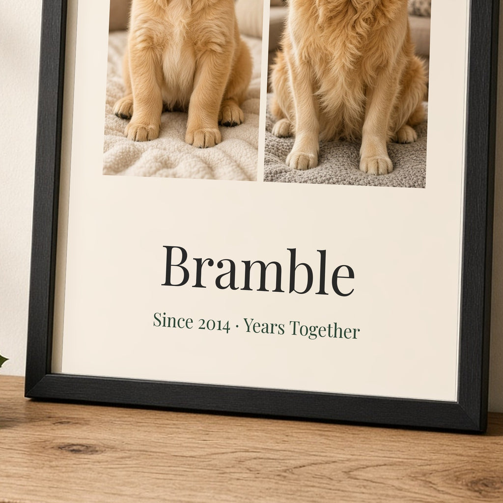 Close-up of a black-framed print showing the name Bramble and Since 2014 · Years Together in elegant serif type beneath the two dog photos – Example design – your photos are used