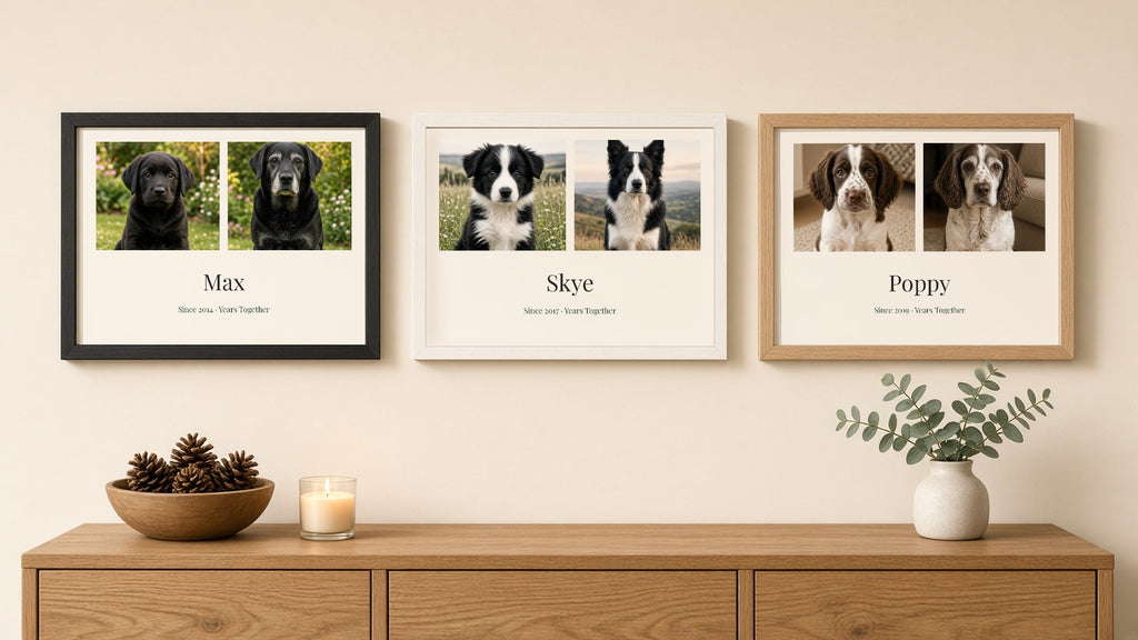 Frame options: black, white and natural oak landscape framed prints side by side for Max the Labrador (Since 2014), Skye the Border Collie (Since 2017) and Poppy the Spaniel (Since 2019), each with Since YYYY · Years Together – Example design – your photos are used