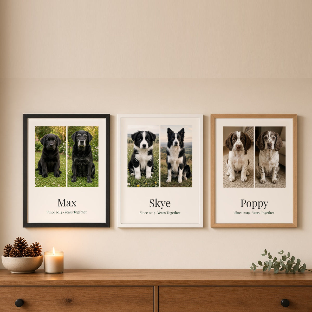 Frame options: black, white and natural oak framed prints side by side for Max the Labrador (Since 2014), Skye the Border Collie (Since 2017) and Poppy the Spaniel (Since 2019), each with Since YYYY · Years Together – Example design – your photos are used