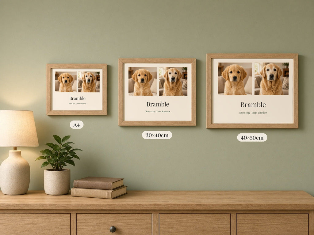 Size comparison of A4, 30×40cm and 40×50cm oak-framed landscape prints of Bramble, Since 2014 · Years Together, on a sage wall above a sideboard – Example design – your photos are used