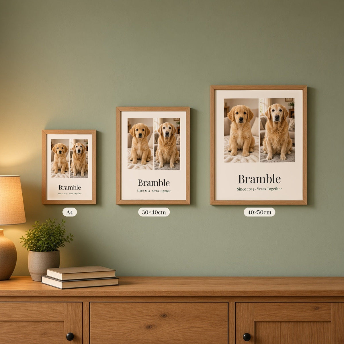 Size comparison of A4, 30×40cm and 40×50cm oak-framed prints of Bramble, Since 2014 · Years Together, on a sage wall above a sideboard – Example design – your photos are used