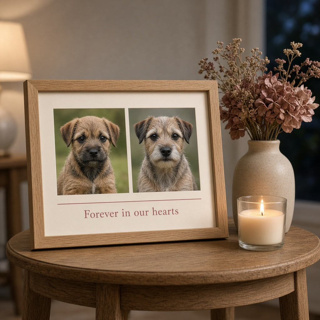 Memorial version with muted rose accent and 'Forever in our hearts'. Example design – your photos are used
