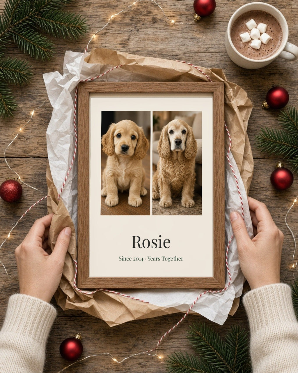 Hands unwrapping an oak-framed print of Rosie the cocker spaniel, Since 2014 · Years Together, from kraft paper and tissue on a Christmas table – Example design – your photos are used