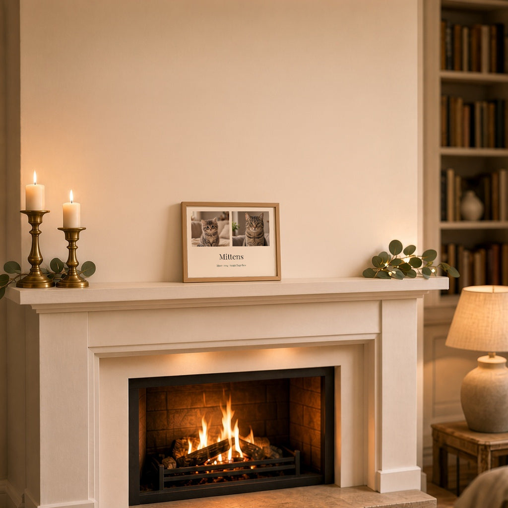 Oak-framed landscape Years Together print on a cosy mantelpiece with a kitten photo and the cat today, a tabby named Mittens, Since 2014 · Years Together – Example design – your photos are used