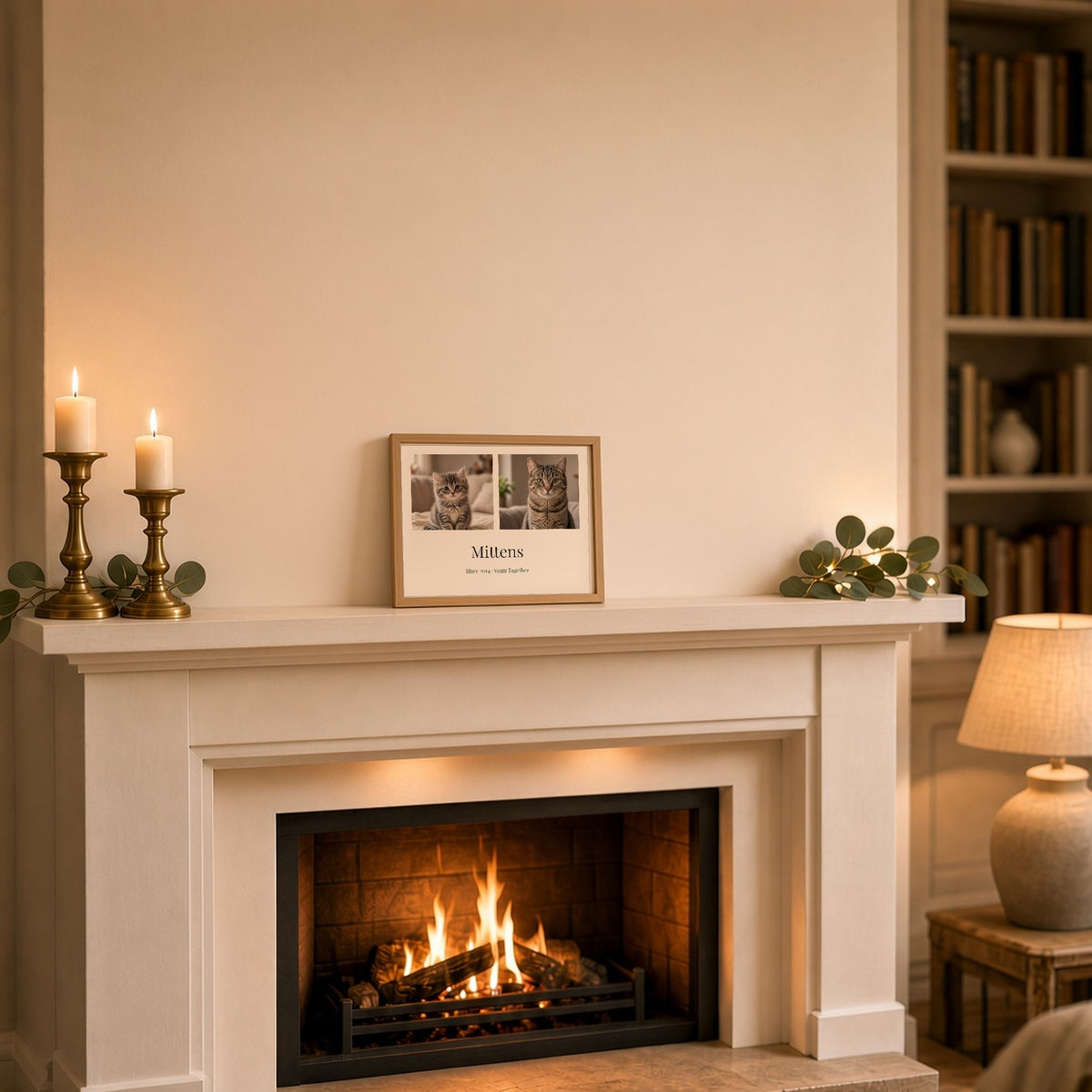 Oak-framed landscape Years Together print on a cosy mantelpiece with a kitten photo and the cat today, a tabby named Mittens, Since 2014 · Years Together – Example design – your photos are used