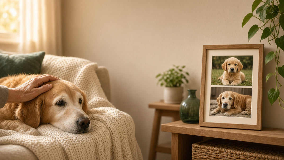 An older golden retriever resting on a blanket beside a framed puppy-and-today keepsake print. Example design – your photos are used