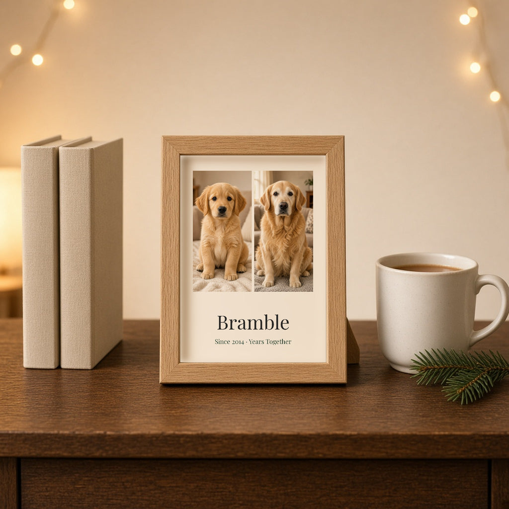 Small 13×18cm oak mini frame on a bedside table beside two paperbacks and a mug of tea, showing a golden retriever as a puppy and today with the name Bramble and Since 2014 · Years Together – Example design – your photos are used