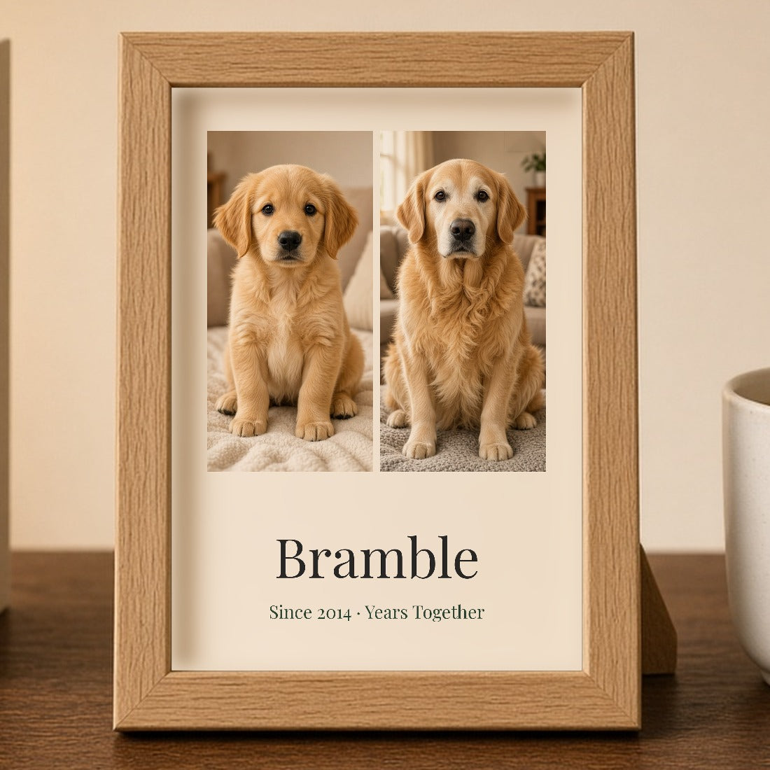 Close-up of the 13×18cm oak mini frame print: puppy and grown-up golden retriever photos above the name Bramble and Since 2014 · Years Together – Example design – your photos are used