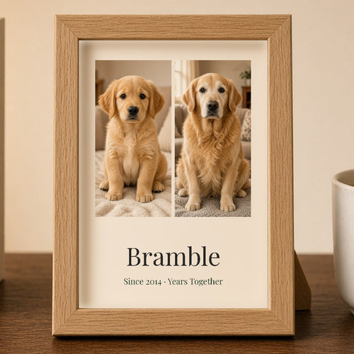 Close-up of the 13×18cm oak mini frame print: puppy and grown-up golden retriever photos above the name Bramble and Since 2014 · Years Together – Example design – your photos are used