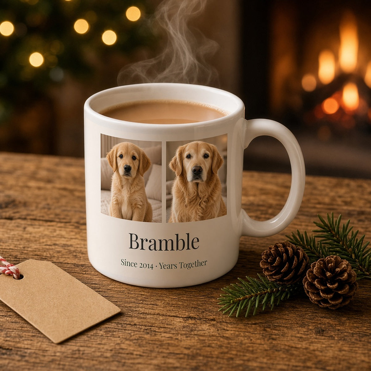White 11oz Years Together mug of tea on a rustic wooden table by the fire, printed with a golden retriever as a puppy and today, the name Bramble and Since 2014 · Years Together, with a kraft gift tag and pine cones – Example design – your photos are used