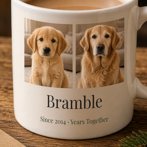Close-up of the Years Together mug print wrapping around the white mug: puppy and grown-up golden retriever photos above the name Bramble and Since 2014 · Years Together – Example design – your photos are used