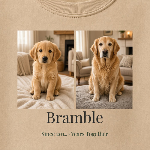 Close-up of the chest print on a Sand sweatshirt: two golden retriever photos, then and now, above Bramble and Since 2014 · Years Together – Example design – your photos are used