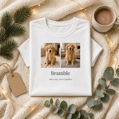 Folded white Years Together T-shirt with a chest print of a golden retriever as a puppy and today, the name Bramble and Since 2014 · Years Together, on a cream knitted blanket with pine, eucalyptus and fairy lights – Example design – your photos are used
