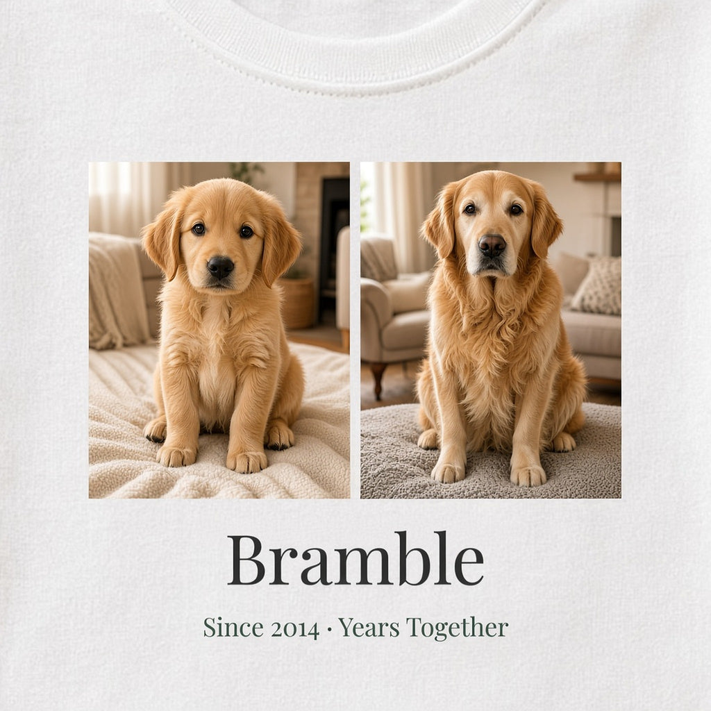 Close-up of the chest print on a white T-shirt: two golden retriever photos, then and now, above Bramble and Since 2014 · Years Together – Example design – your photos are used